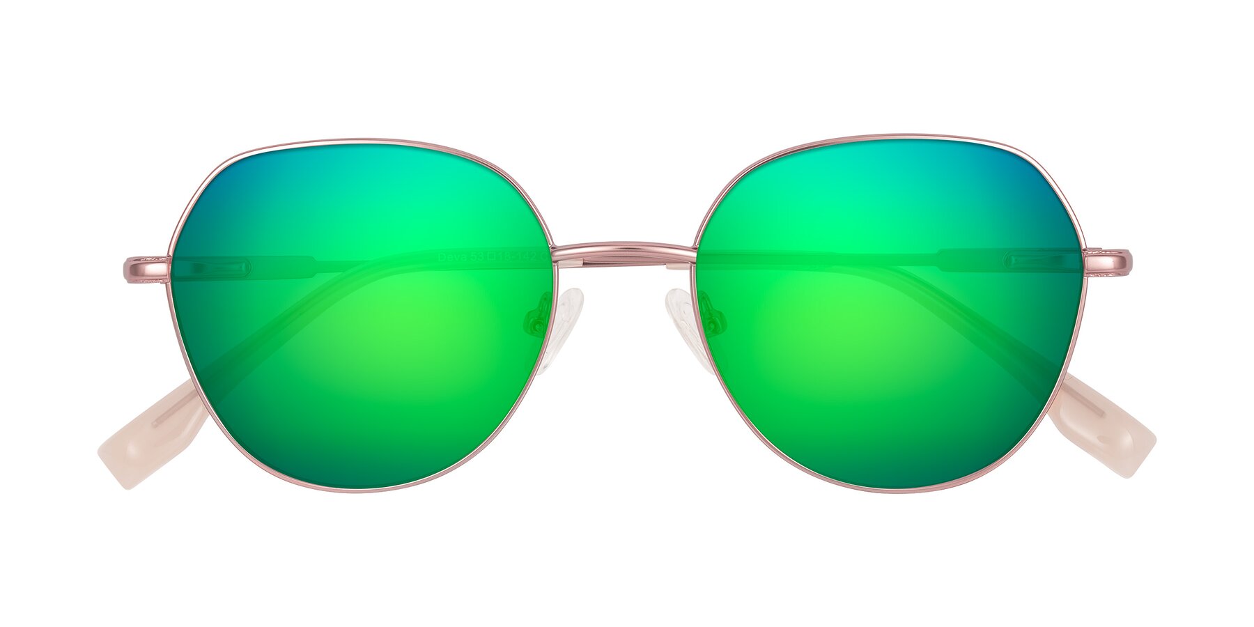 Folded Front of Deva in Rose Gold with Green Mirrored Lenses