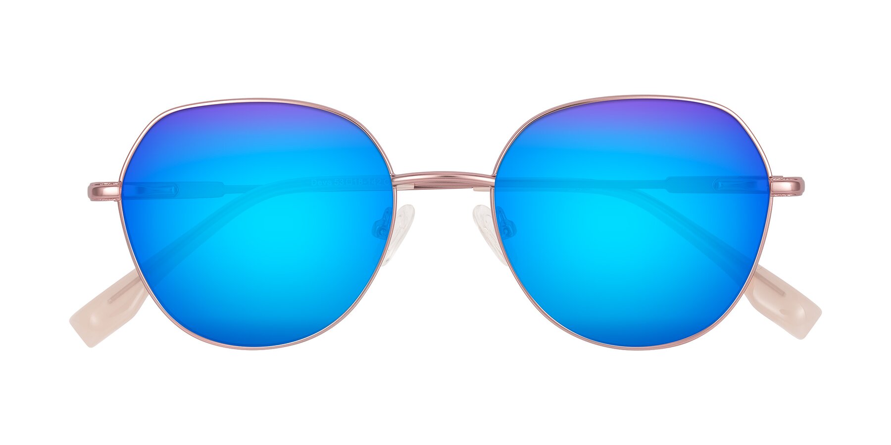 Folded Front of Deva in Rose Gold with Blue Mirrored Lenses