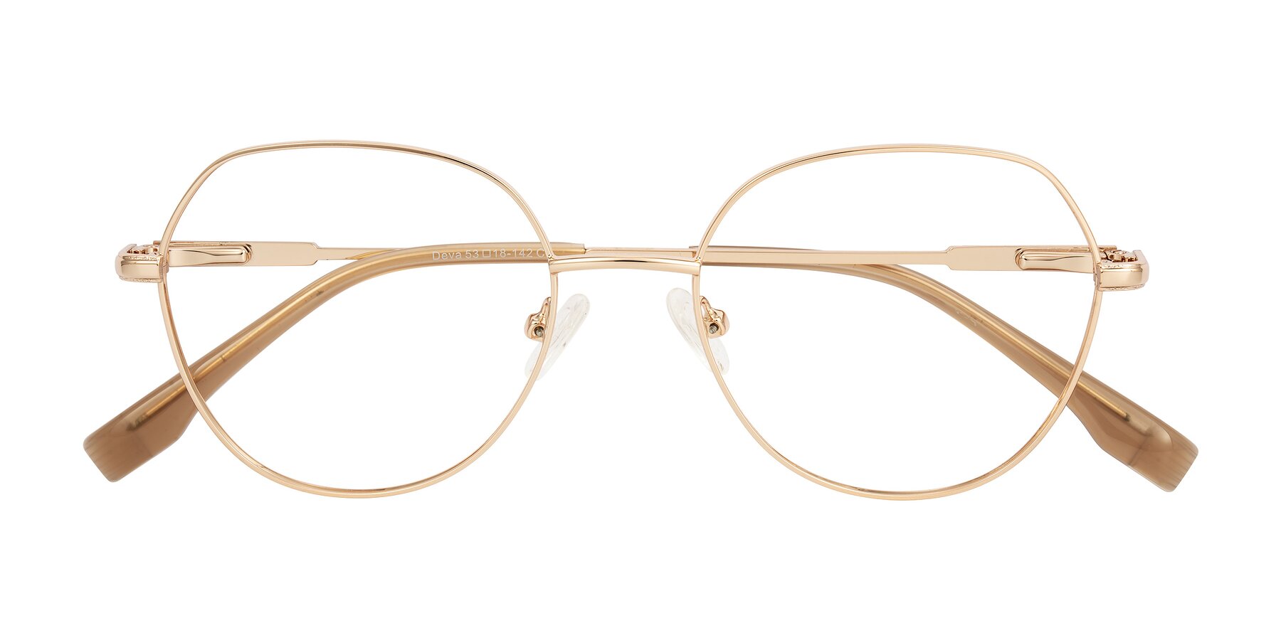 Folded Front of Deva in Gold with Clear Eyeglass Lenses