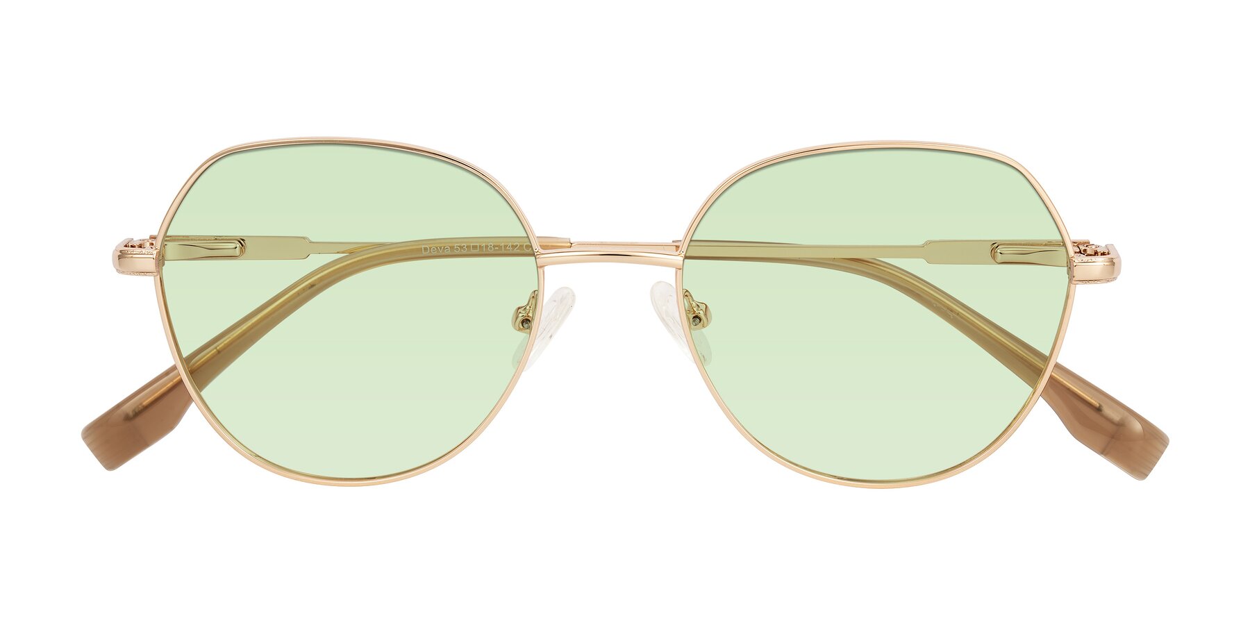 Folded Front of Deva in Gold with Light Green Tinted Lenses