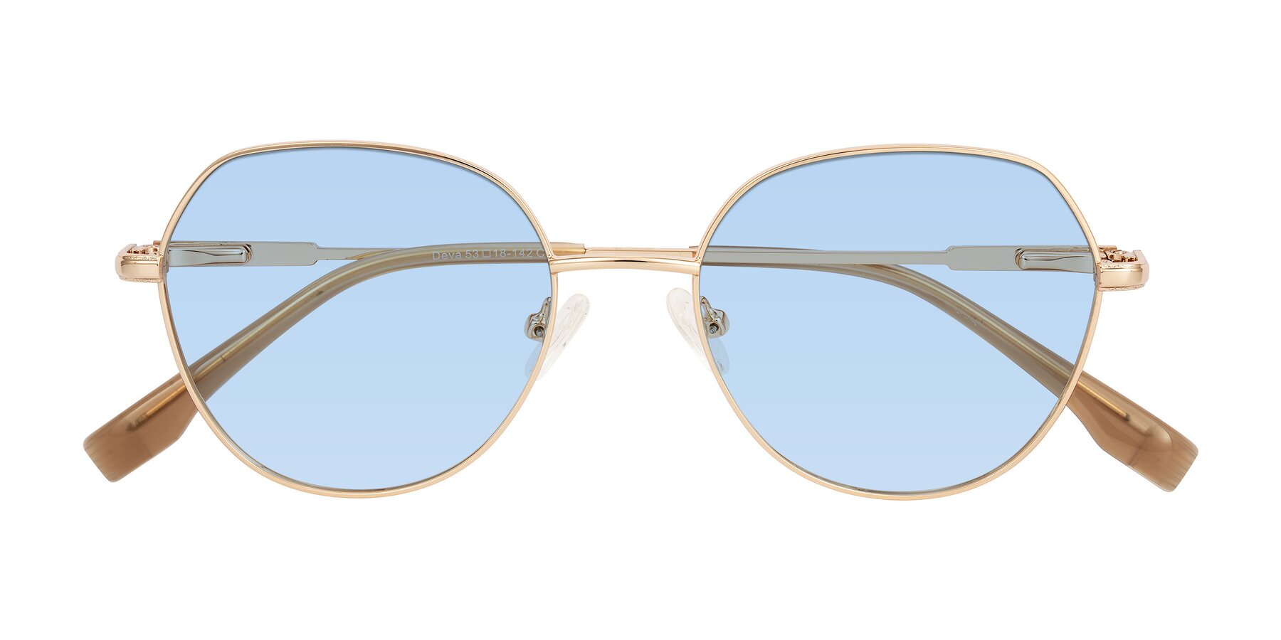 Folded Front of Deva in Gold with Light Blue Tinted Lenses