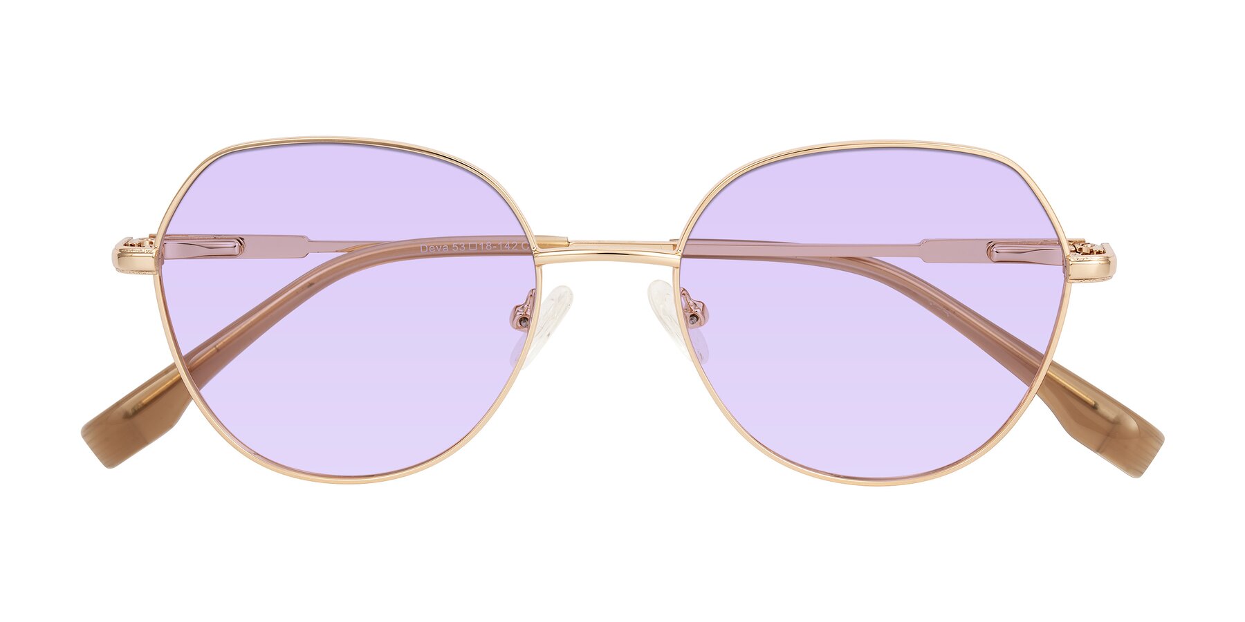 Folded Front of Deva in Gold with Light Purple Tinted Lenses
