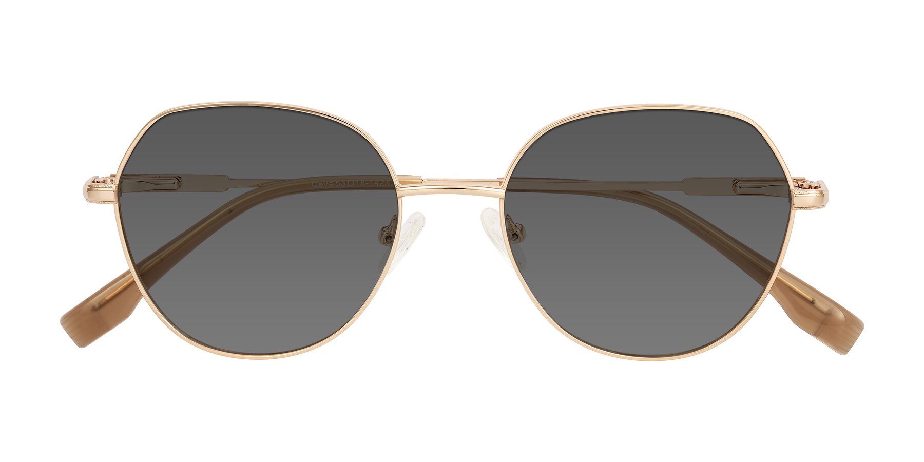Folded Front of Deva in Gold with Medium Gray Tinted Lenses