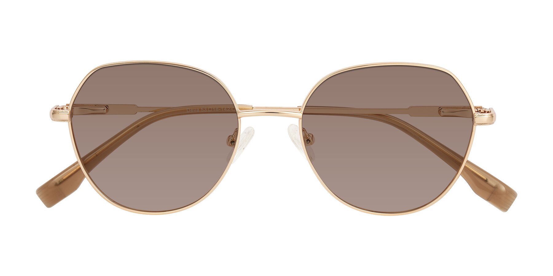 Folded Front of Deva in Gold with Medium Brown Tinted Lenses
