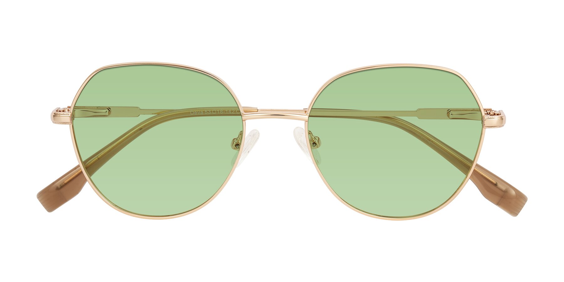 Folded Front of Deva in Gold with Medium Green Tinted Lenses