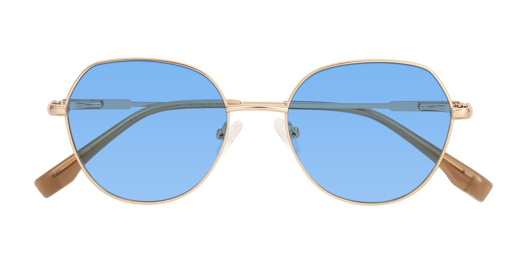 Folded Front of Deva in Gold with Medium Blue Tinted Lenses