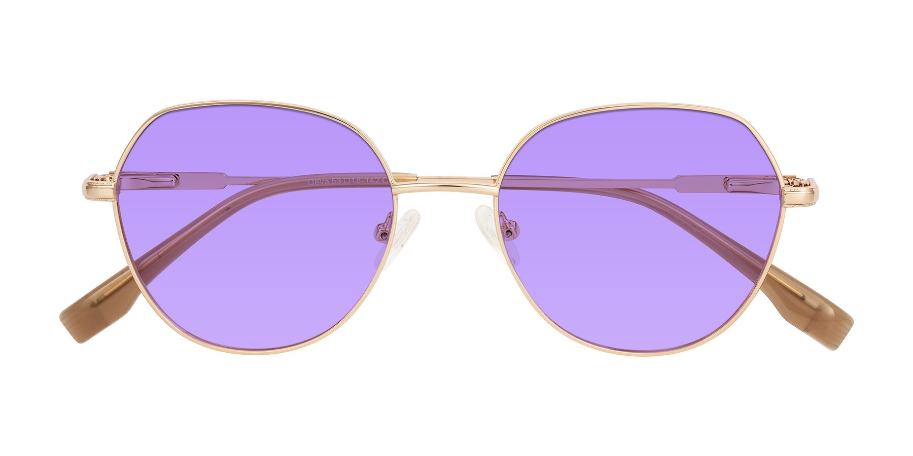 Folded Front of Deva in Gold with Medium Purple Tinted Lenses
