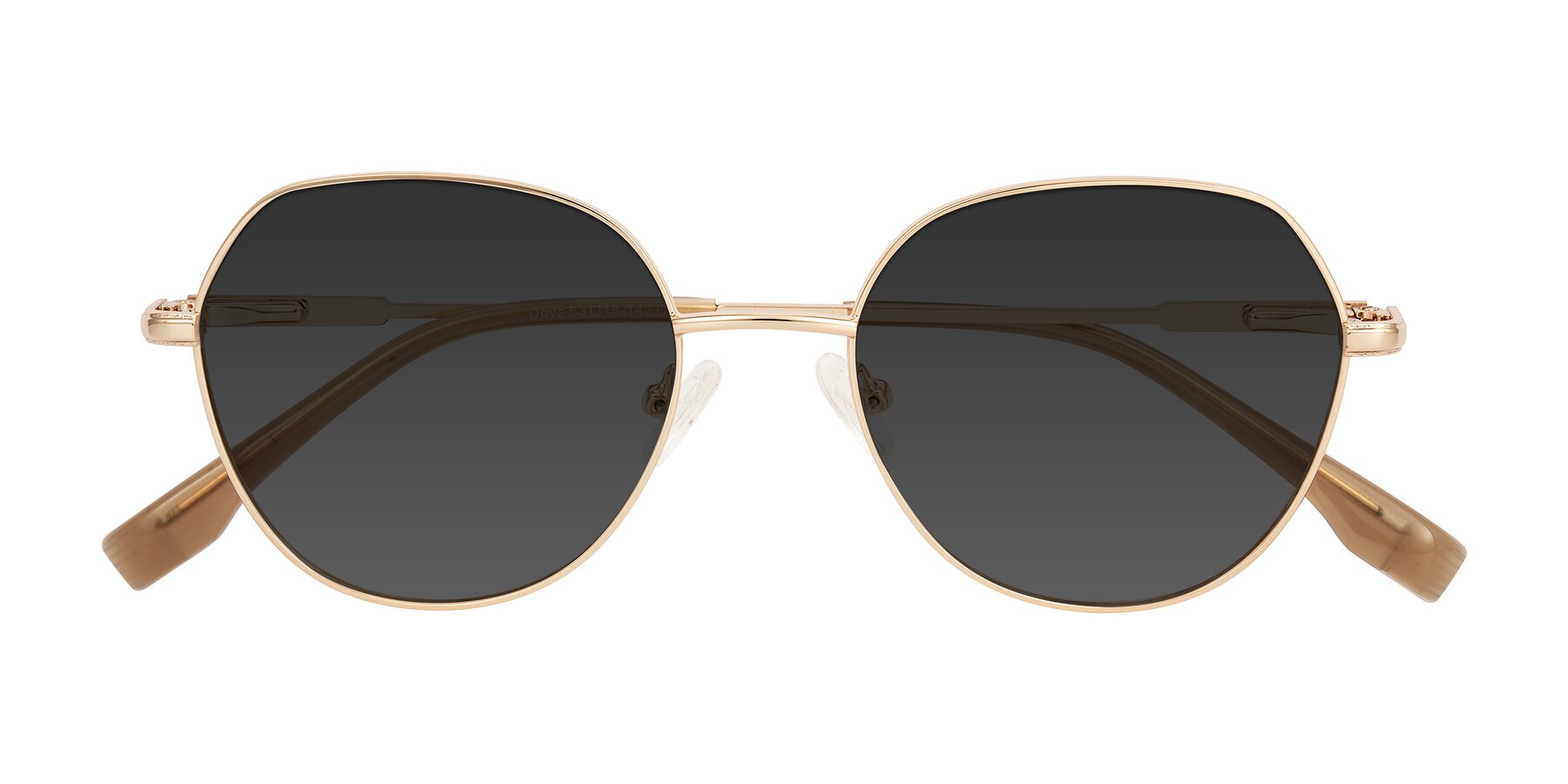 Folded Front of Deva in Gold with Gray Tinted Lenses