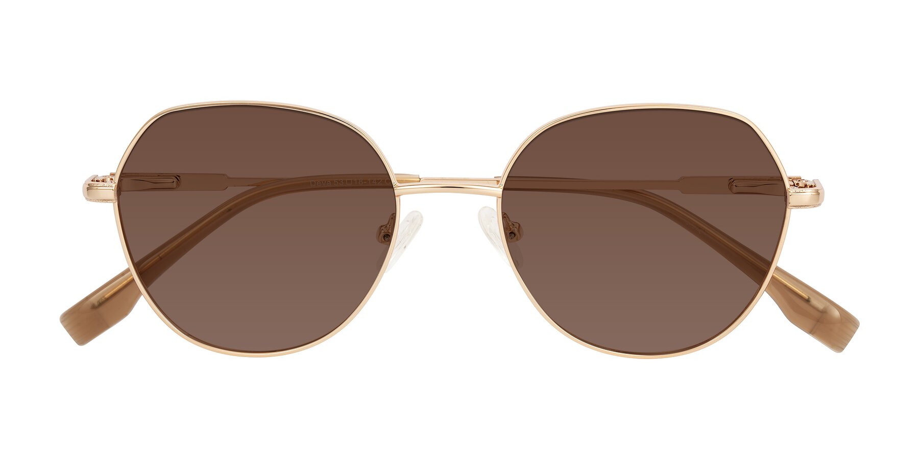Folded Front of Deva in Gold with Brown Tinted Lenses