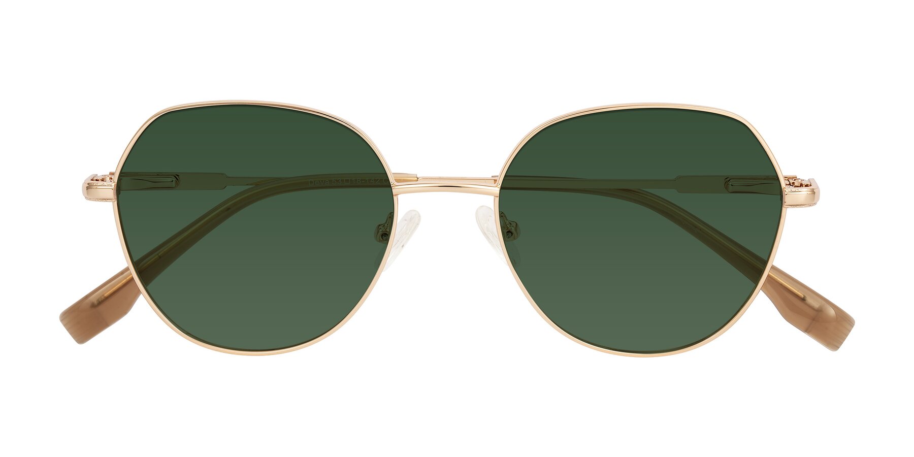 Folded Front of Deva in Gold with Green Tinted Lenses