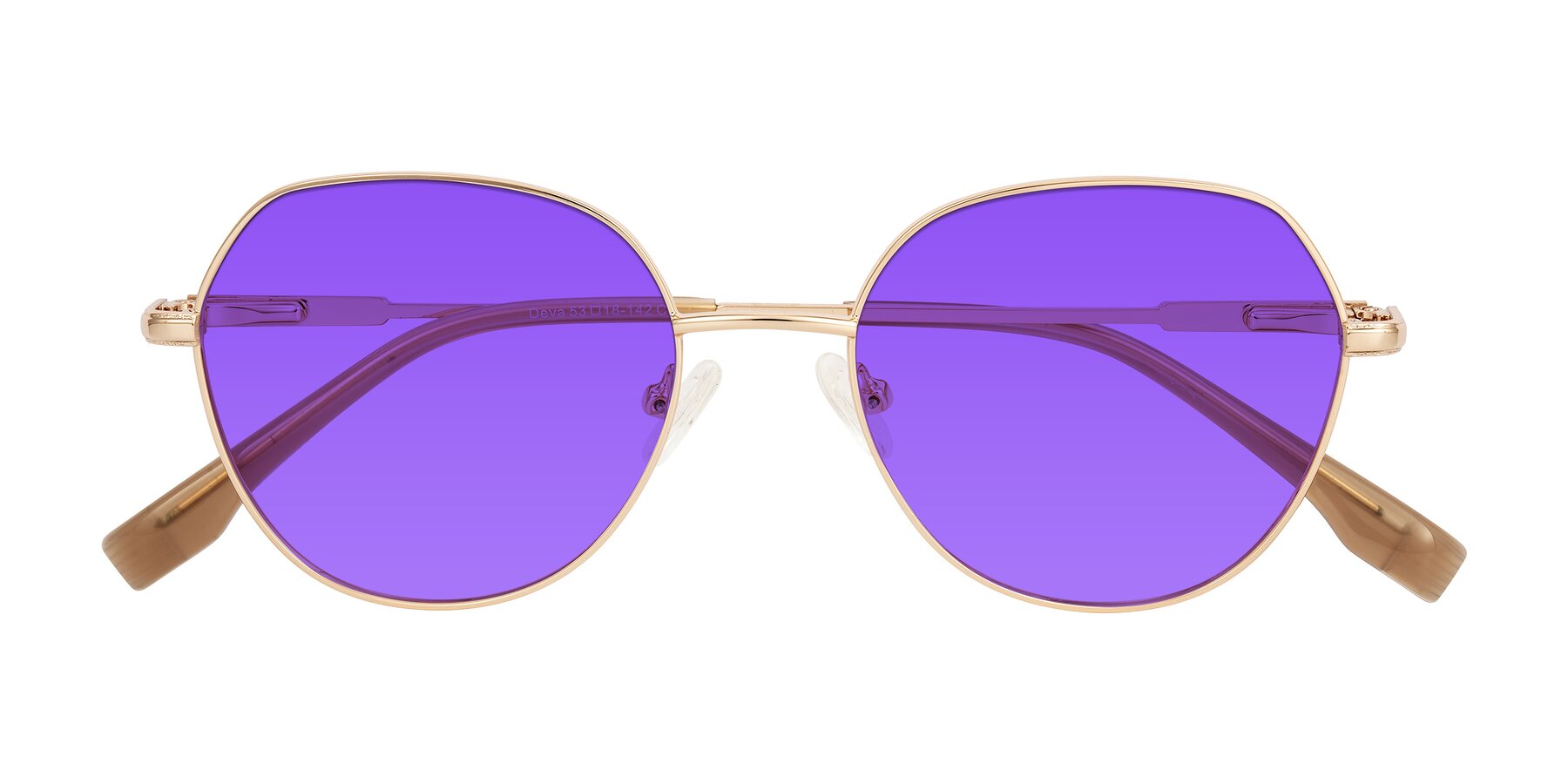 Folded Front of Deva in Gold with Purple Tinted Lenses