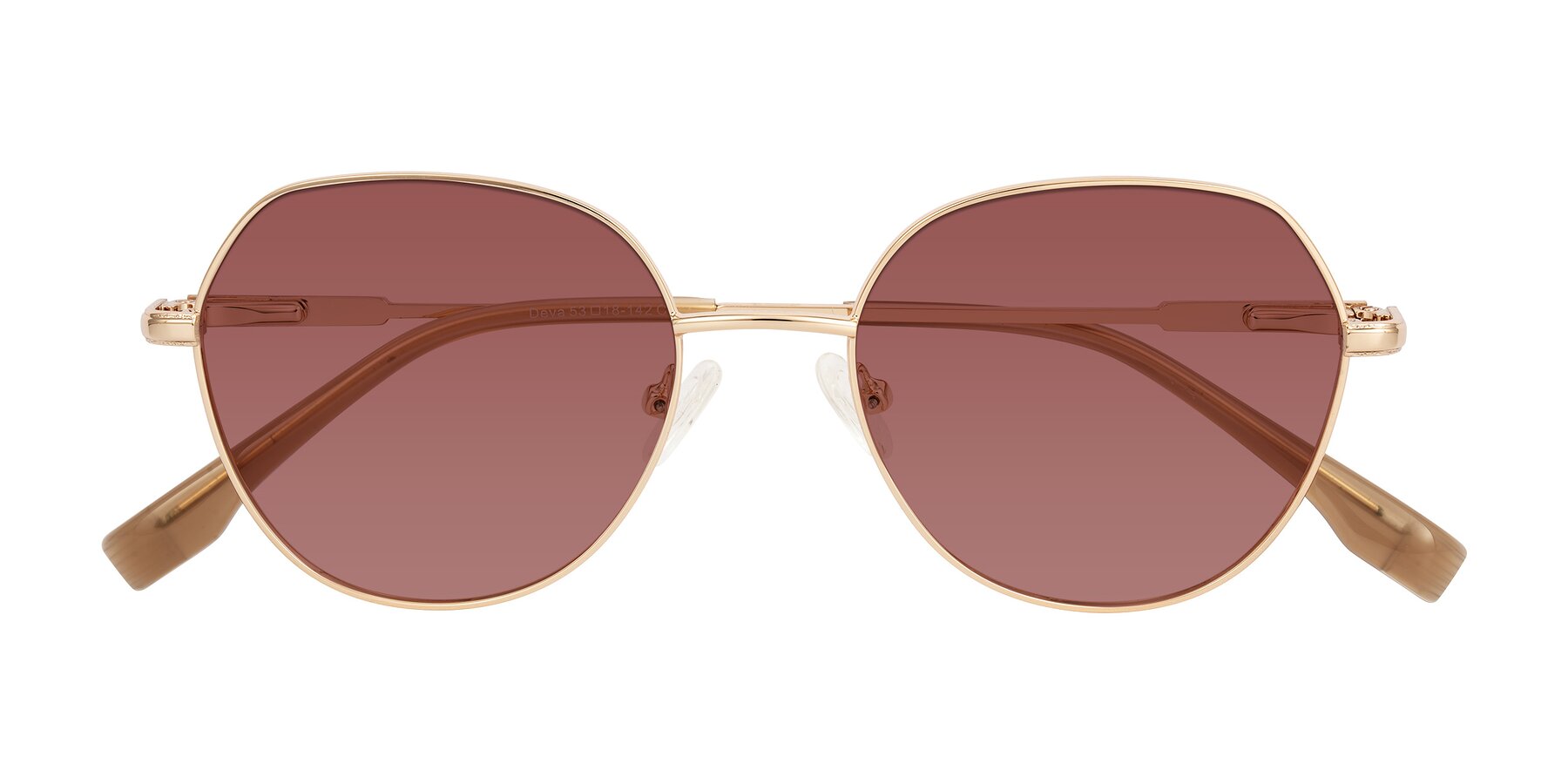 Folded Front of Deva in Gold with Garnet Tinted Lenses