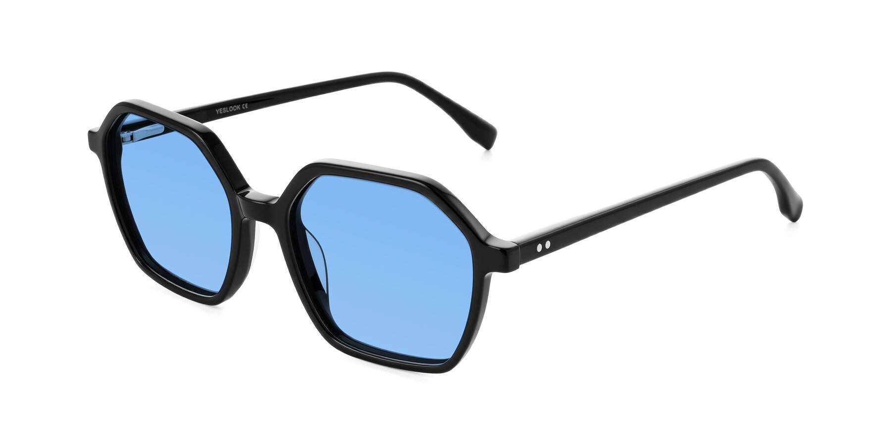 Angle of Hortale in Black with Medium Blue Tinted Lenses