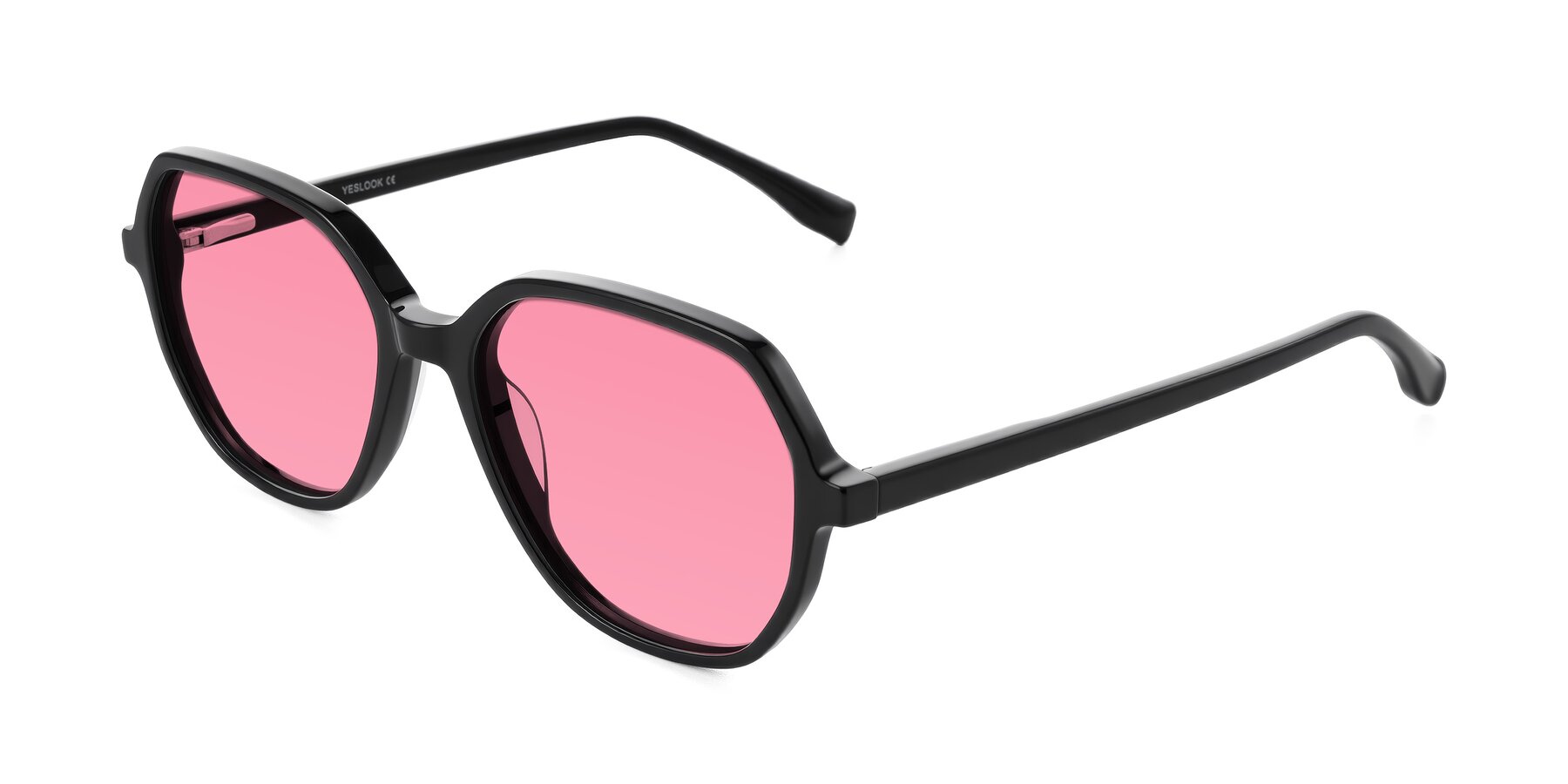 Angle of Avenite in Black with Pink Tinted Lenses