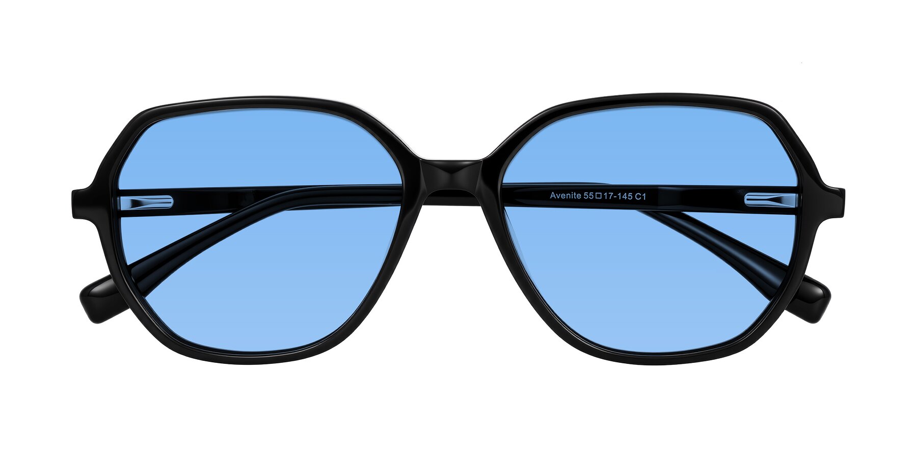 Folded Front of Avenite in Black with Medium Blue Tinted Lenses