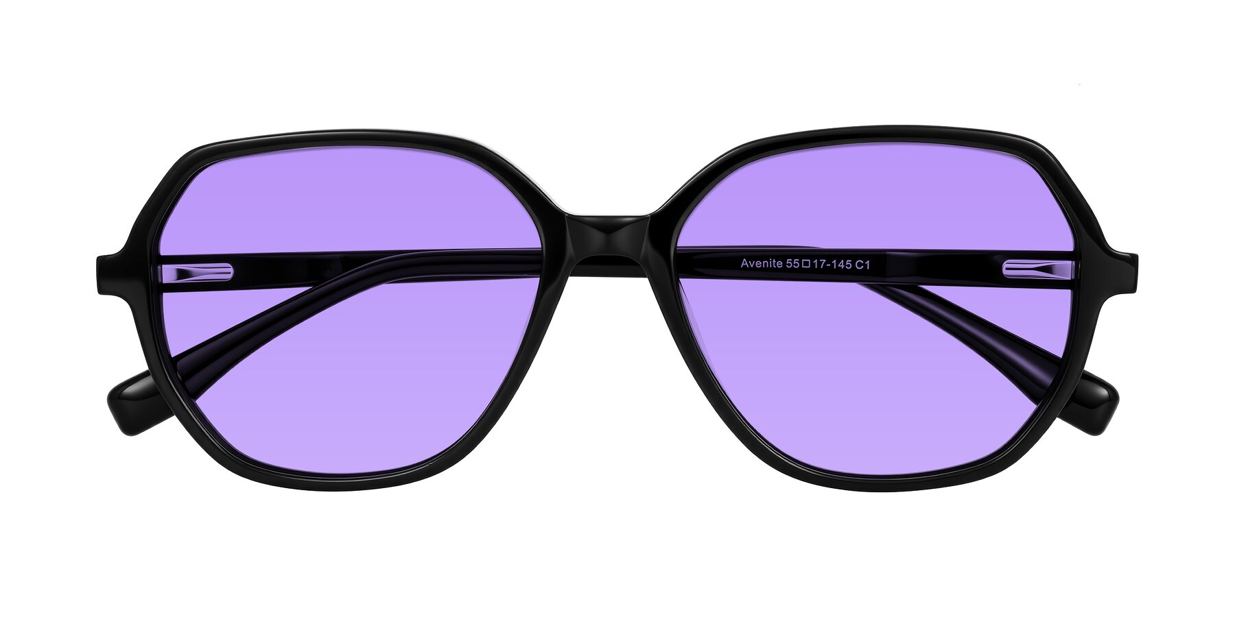 Folded Front of Avenite in Black with Medium Purple Tinted Lenses
