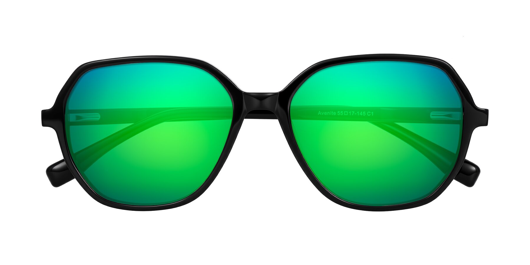Folded Front of Avenite in Black with Green Mirrored Lenses