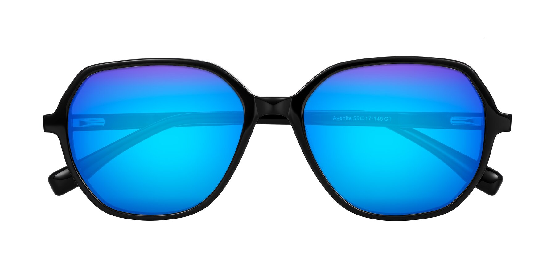 Folded Front of Avenite in Black with Blue Mirrored Lenses