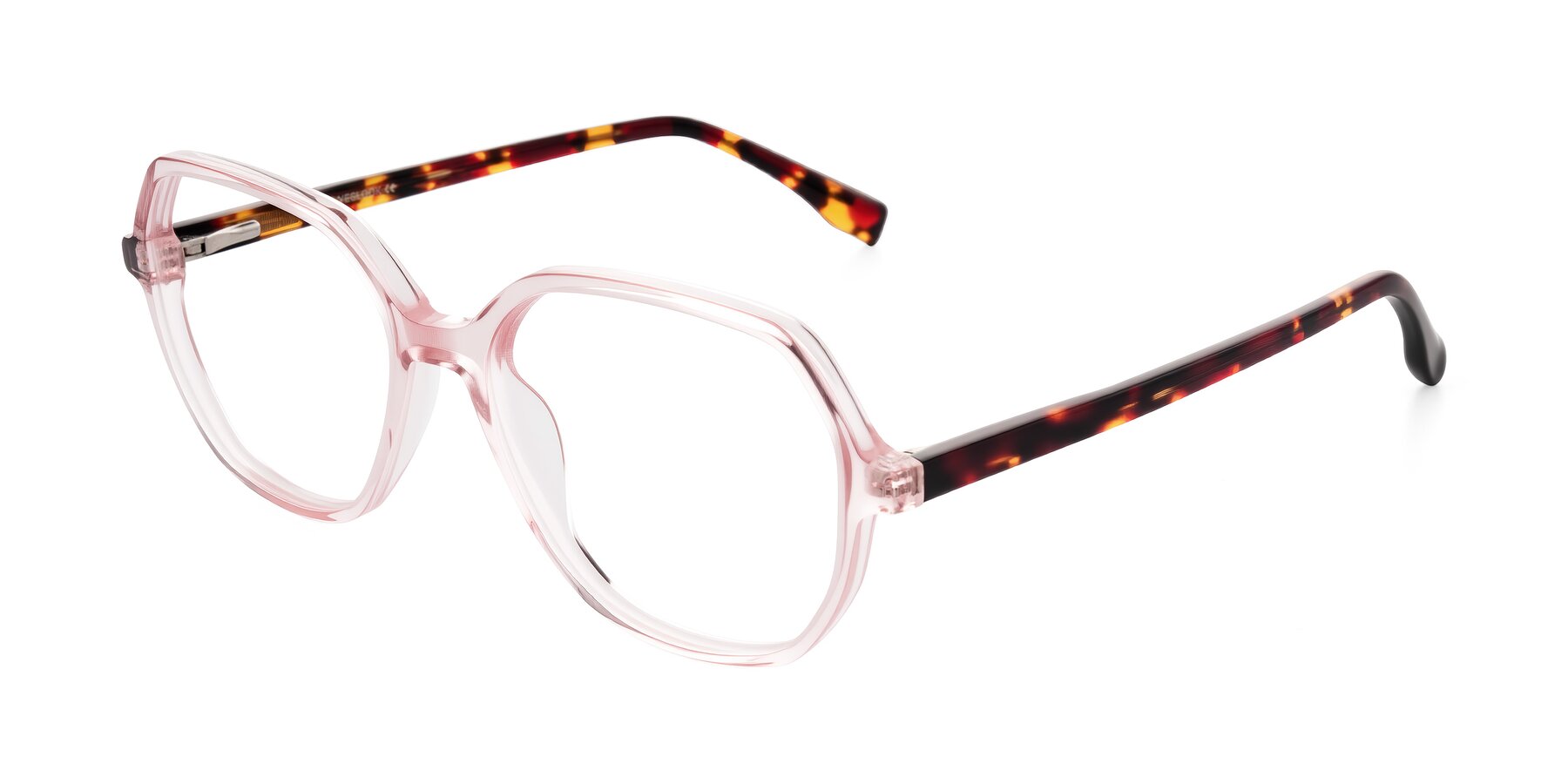 Angle of Avenite in Pink/Tortoise with Clear Eyeglass Lenses