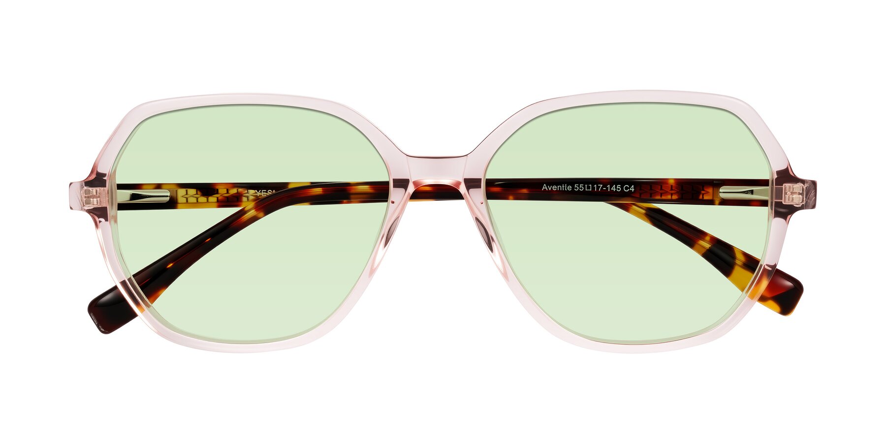 Folded Front of Avenite in Pink/Tortoise with Light Green Tinted Lenses