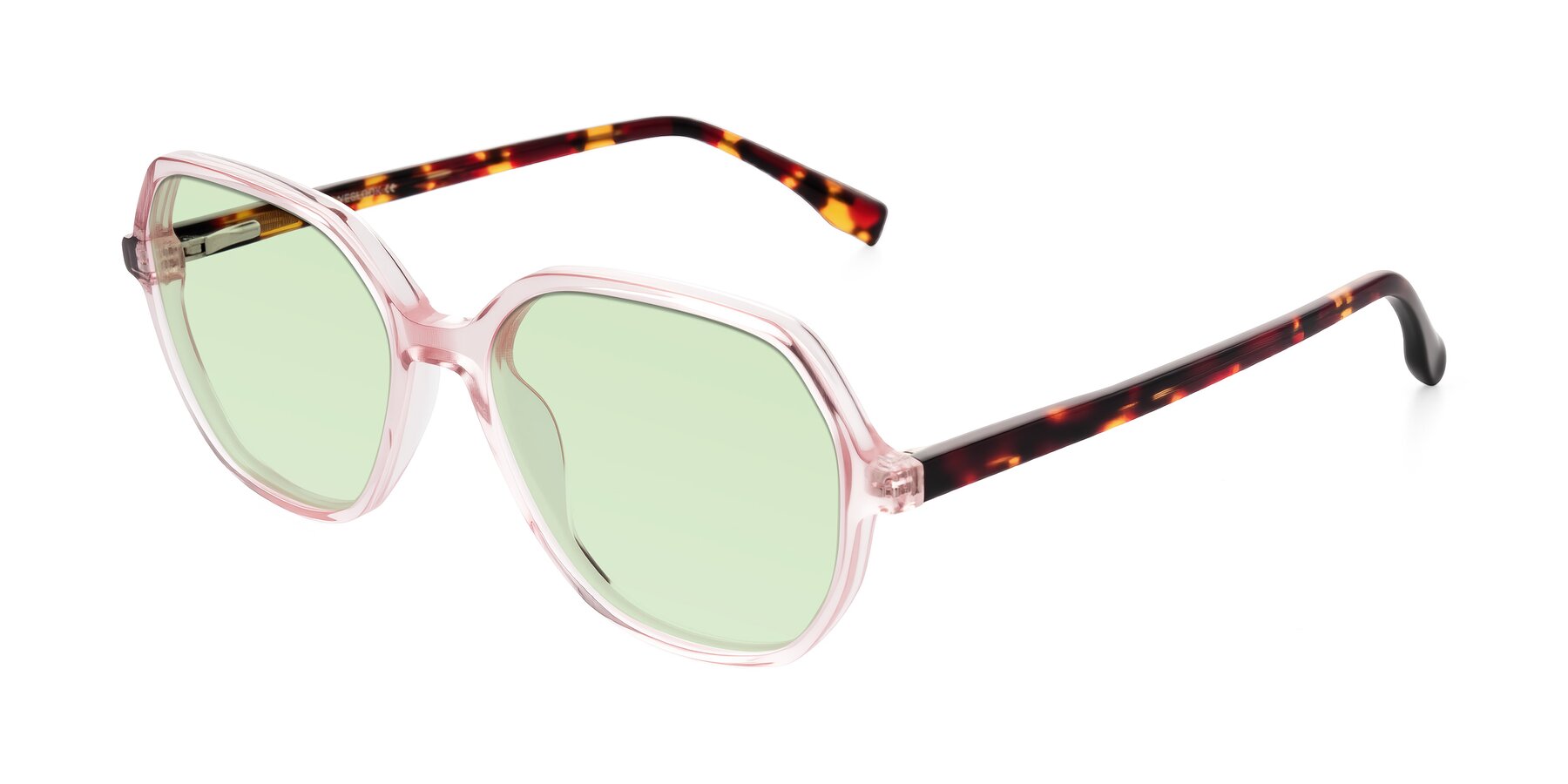 Angle of Avenite in Pink/Tortoise with Light Green Tinted Lenses