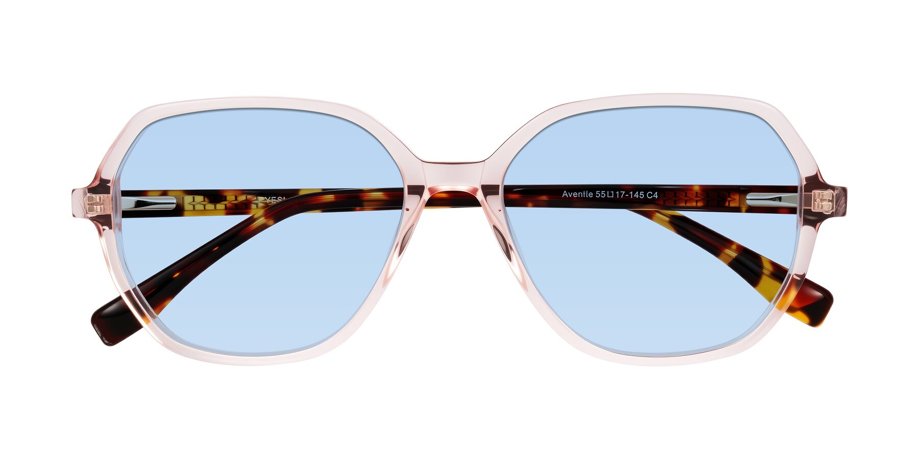 Folded Front of Avenite in Pink/Tortoise with Light Blue Tinted Lenses