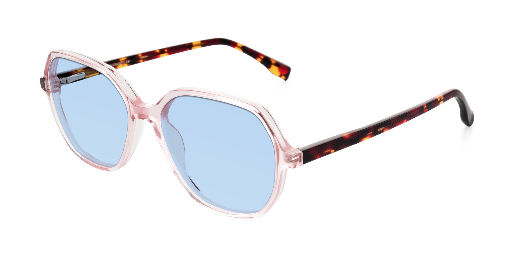 Angle of Avenite in Pink/Tortoise with Light Blue Tinted Lenses