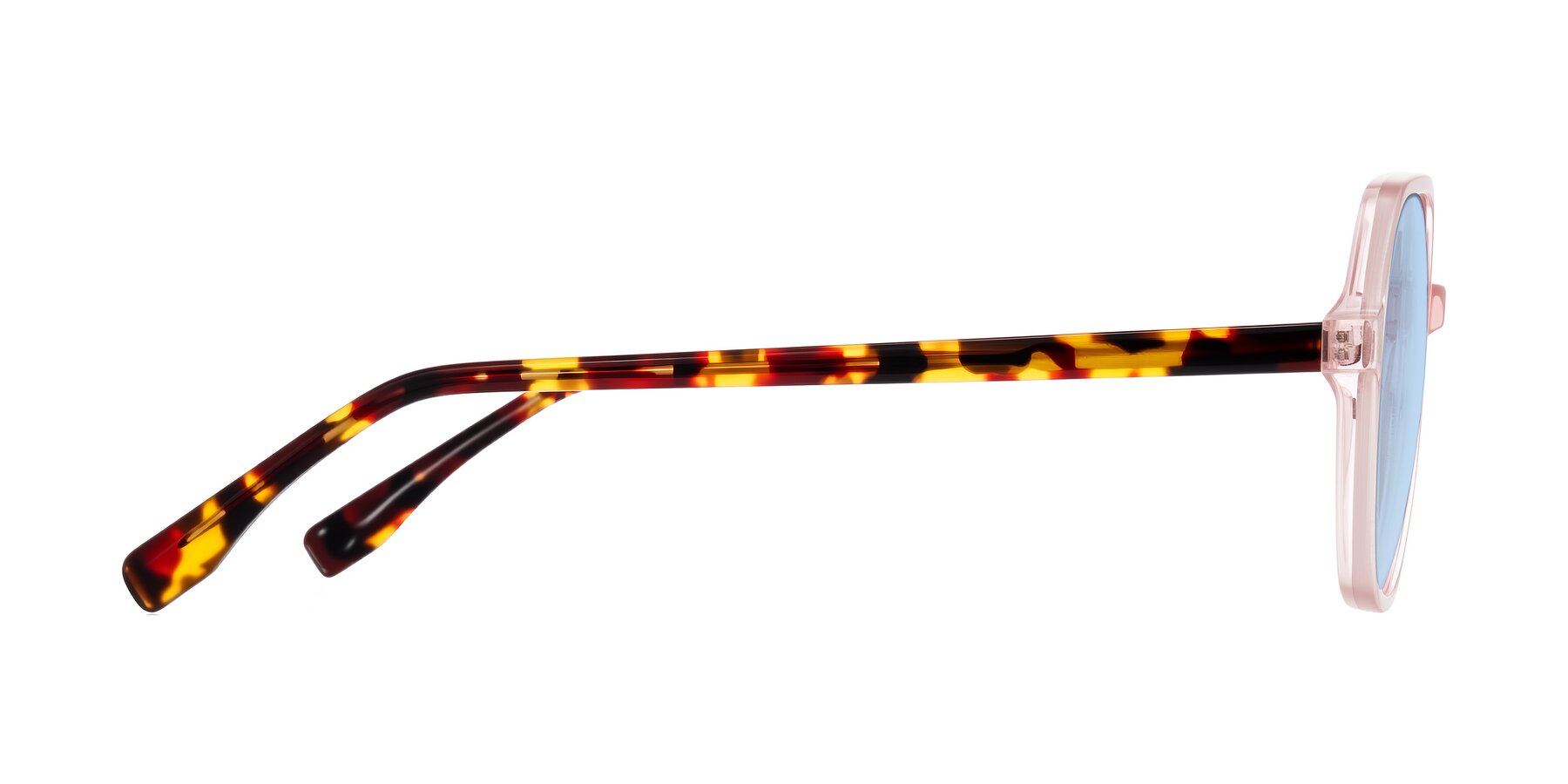 Side of Avenite in Pink/Tortoise with Light Blue Tinted Lenses