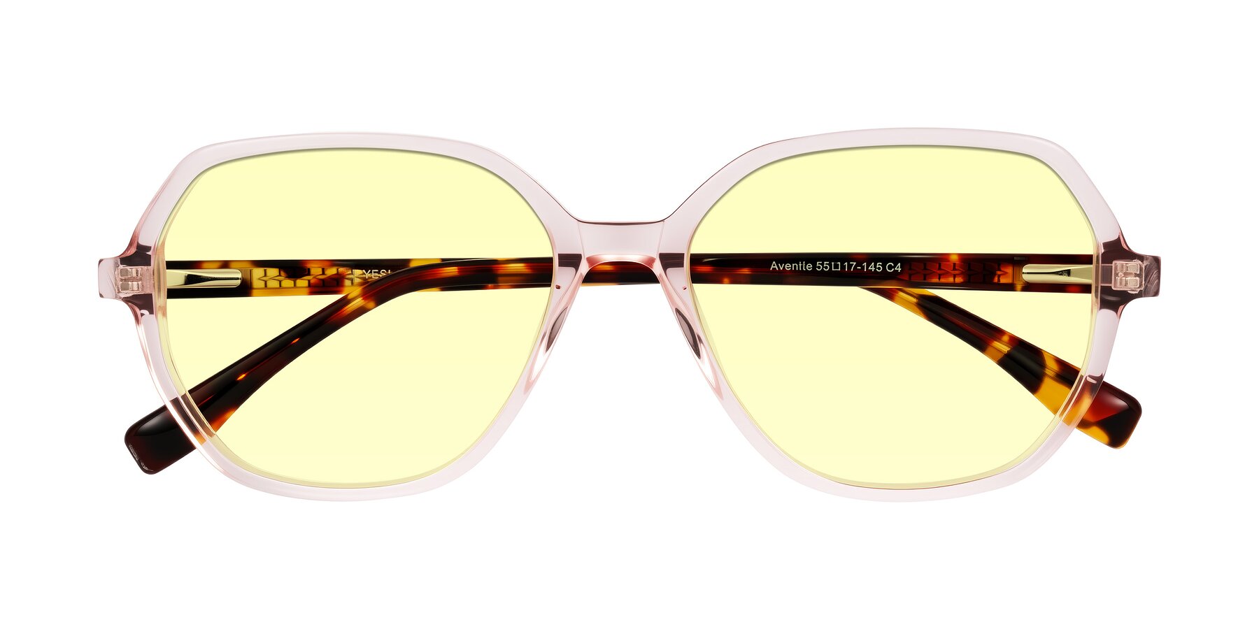 Folded Front of Avenite in Pink/Tortoise with Light Yellow Tinted Lenses