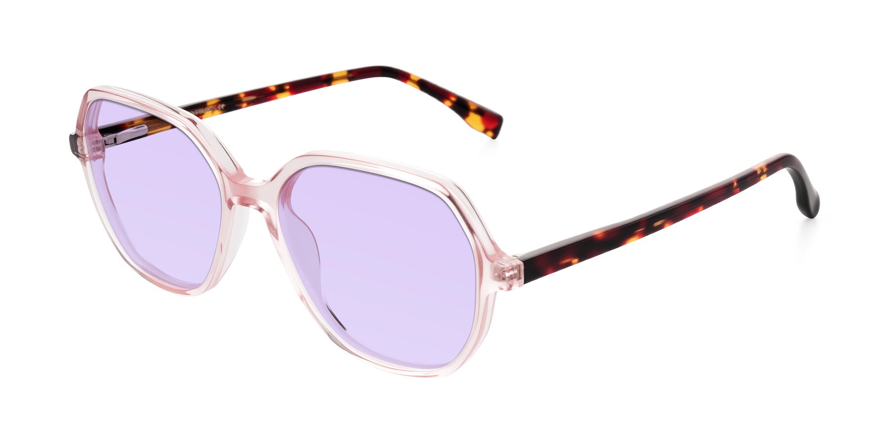 Angle of Avenite in Pink/Tortoise with Light Purple Tinted Lenses