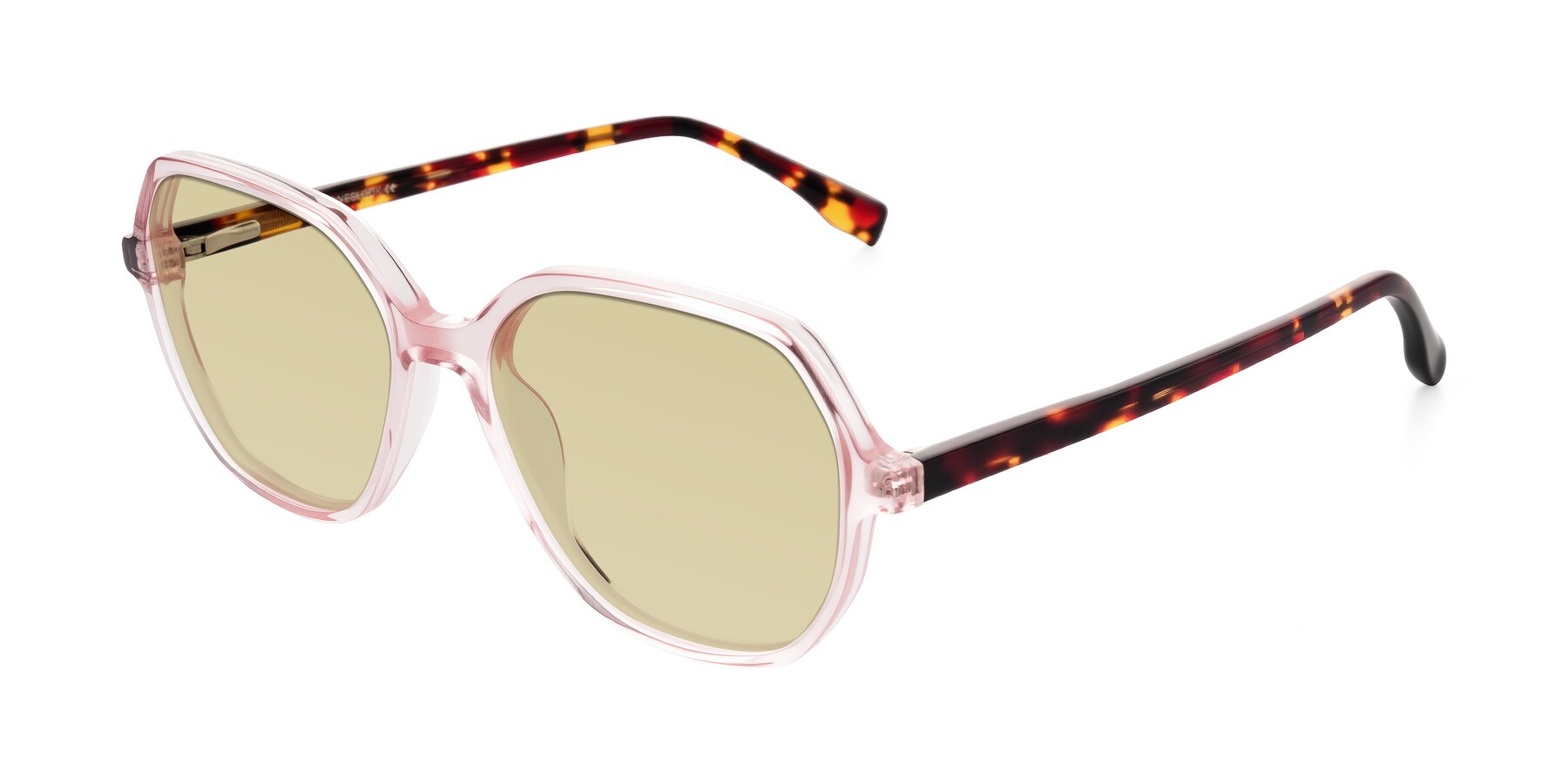 Angle of Avenite in Pink/Tortoise with Light Champagne Tinted Lenses