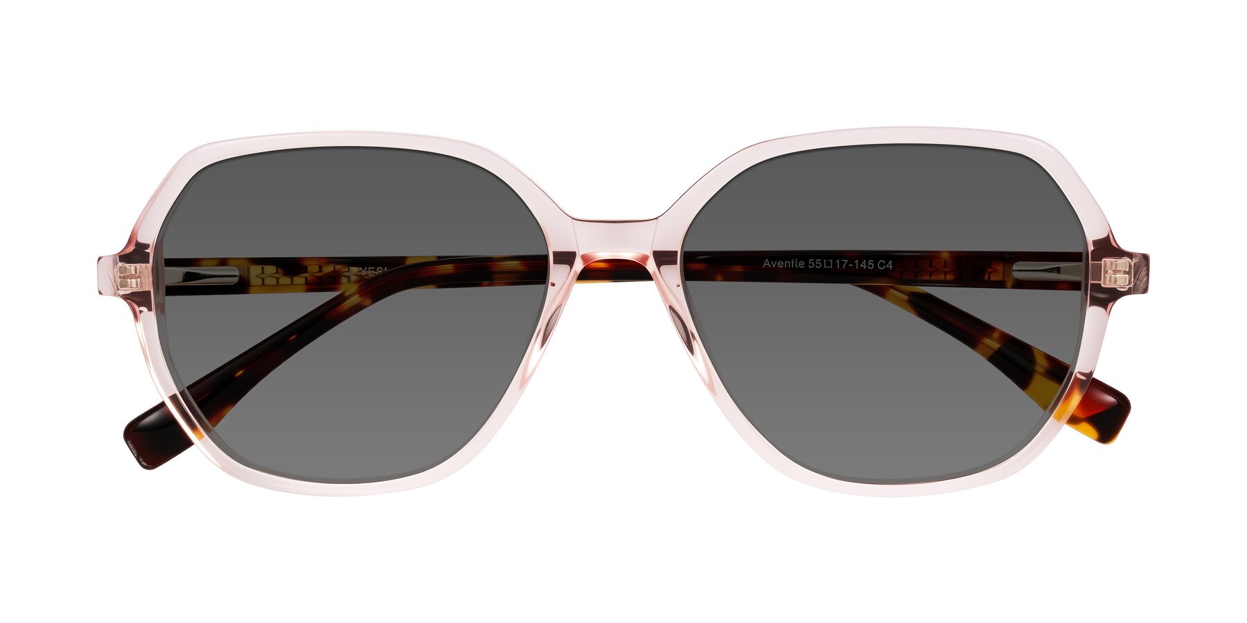 Folded Front of Avenite in Pink/Tortoise with Medium Gray Tinted Lenses