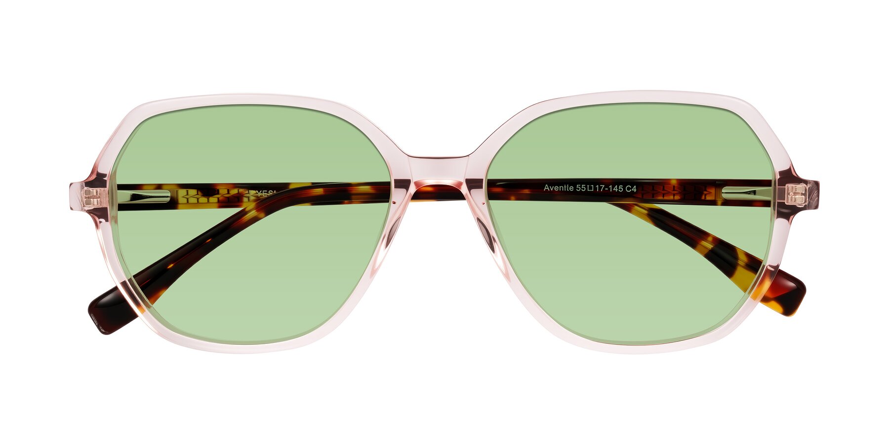 Folded Front of Avenite in Pink/Tortoise with Medium Green Tinted Lenses