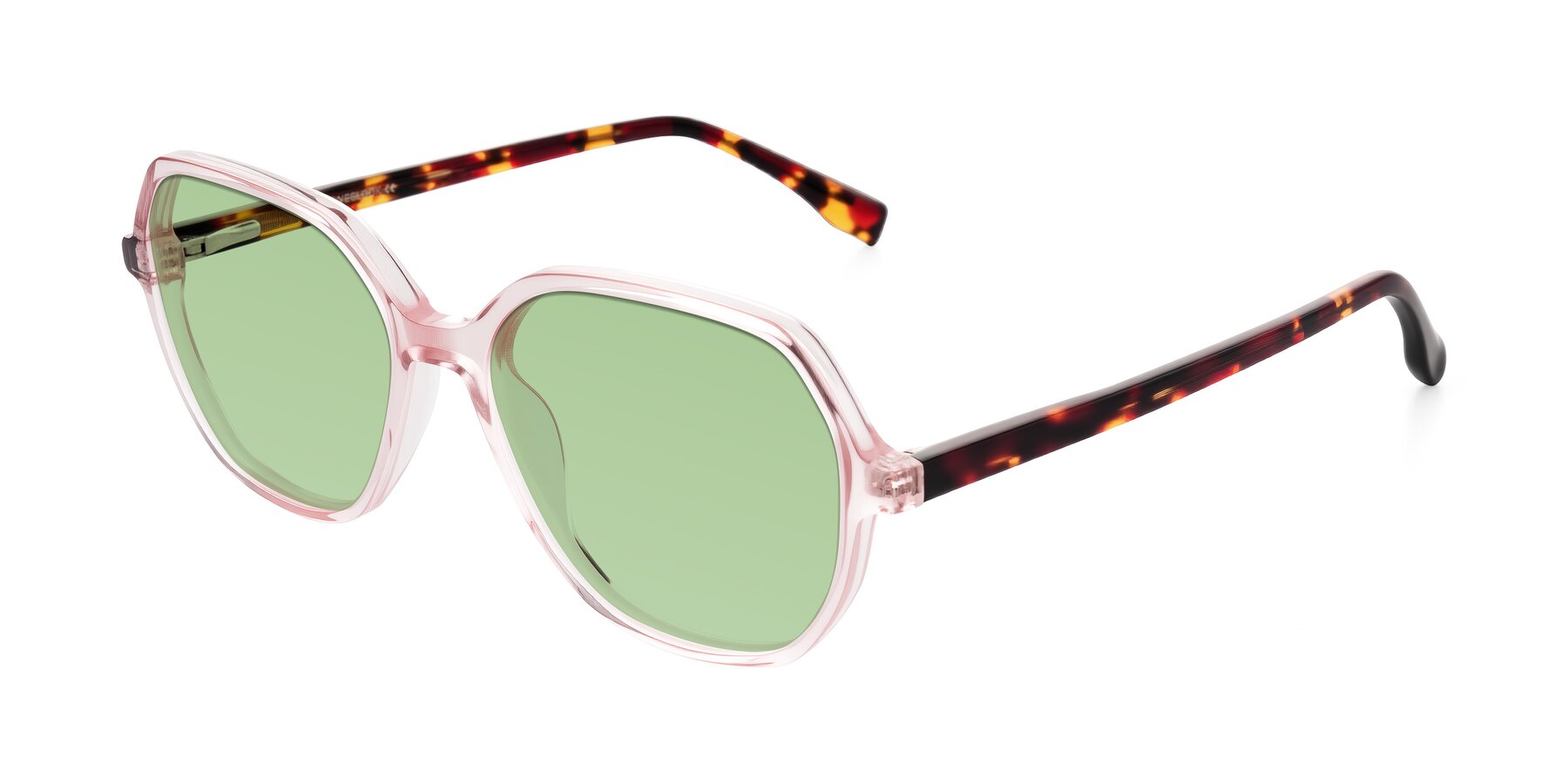 Angle of Avenite in Pink/Tortoise with Medium Green Tinted Lenses