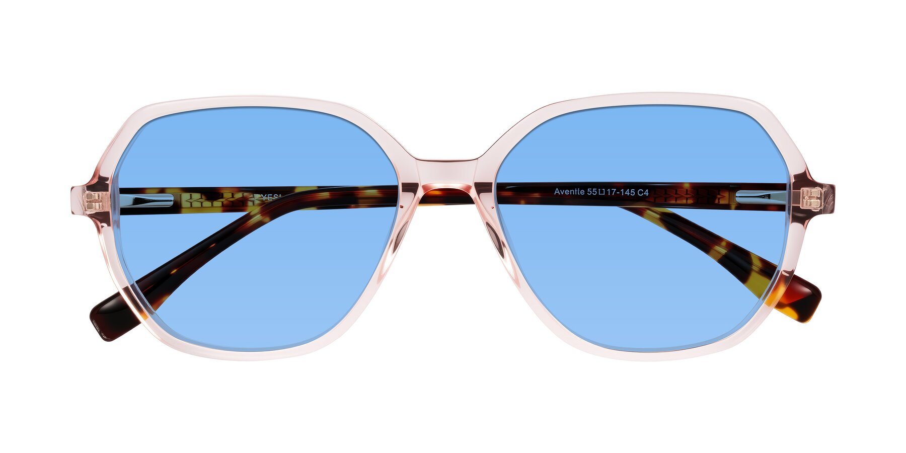 Folded Front of Avenite in Pink/Tortoise with Medium Blue Tinted Lenses