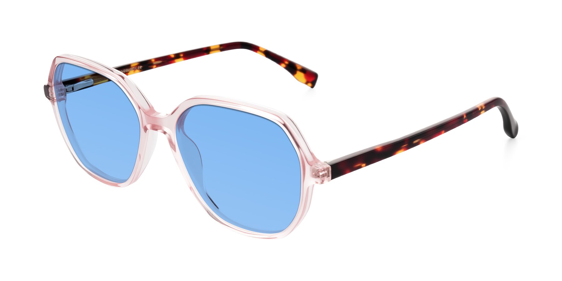 Angle of Avenite in Pink/Tortoise with Medium Blue Tinted Lenses
