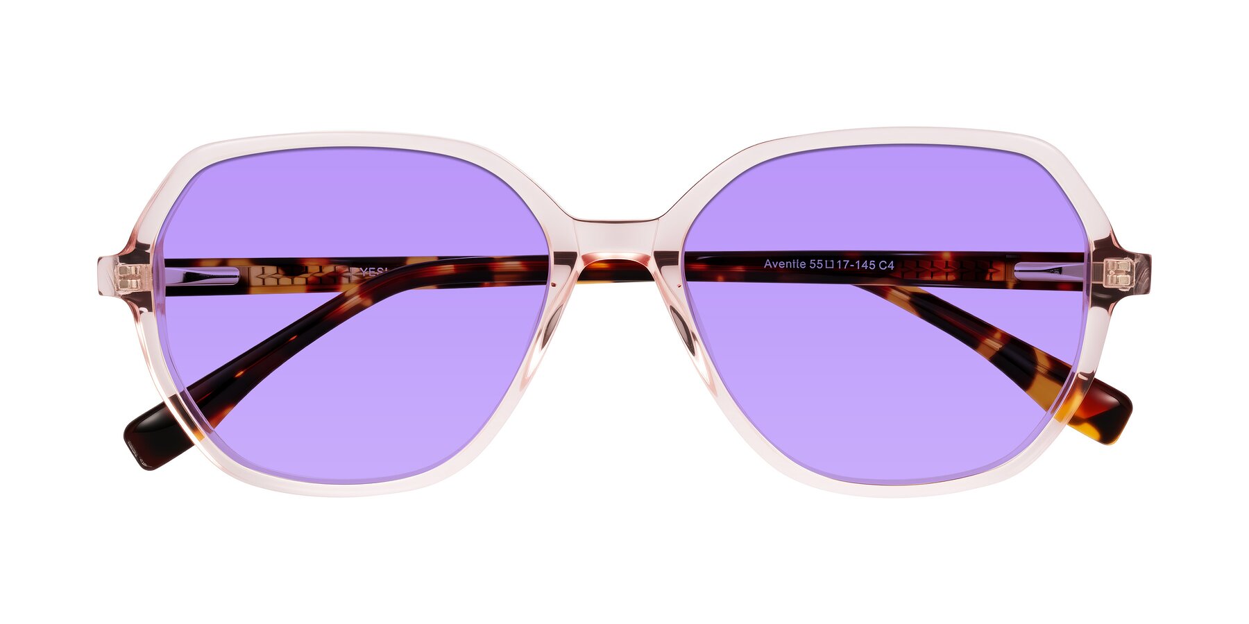 Folded Front of Avenite in Pink/Tortoise with Medium Purple Tinted Lenses