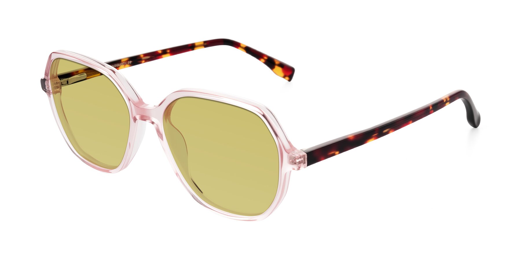 Angle of Avenite in Pink/Tortoise with Medium Champagne Tinted Lenses