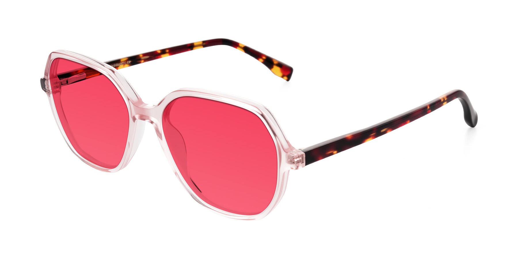 Angle of Avenite in Pink/Tortoise with Red Tinted Lenses