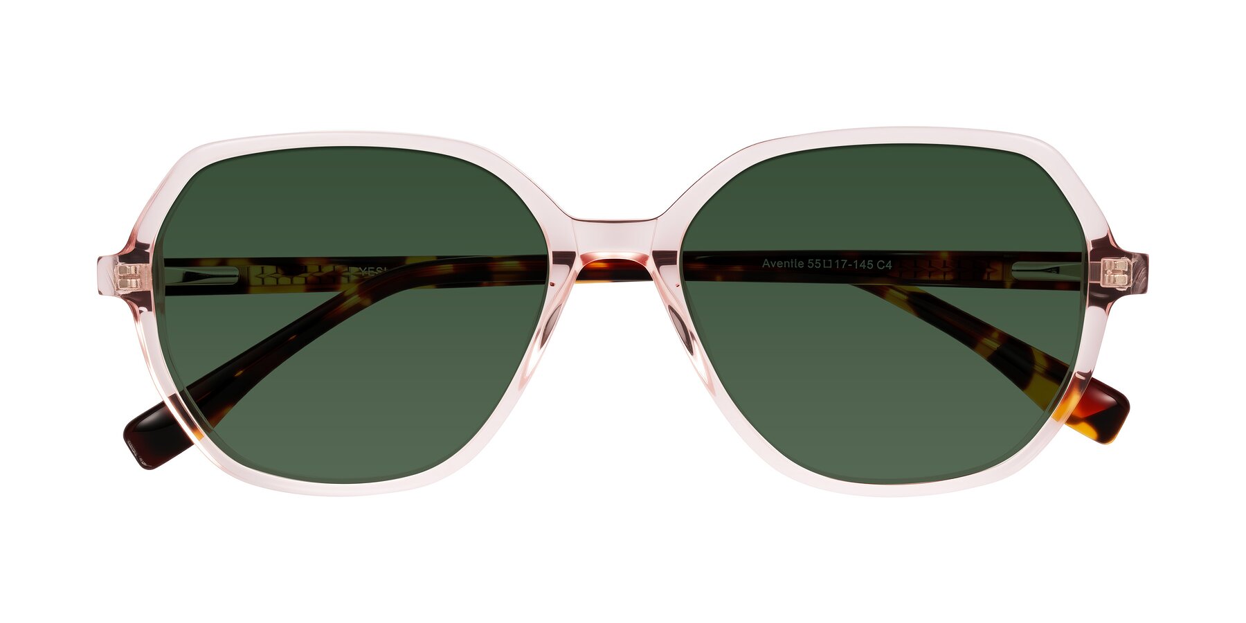 Folded Front of Avenite in Pink/Tortoise with Green Tinted Lenses