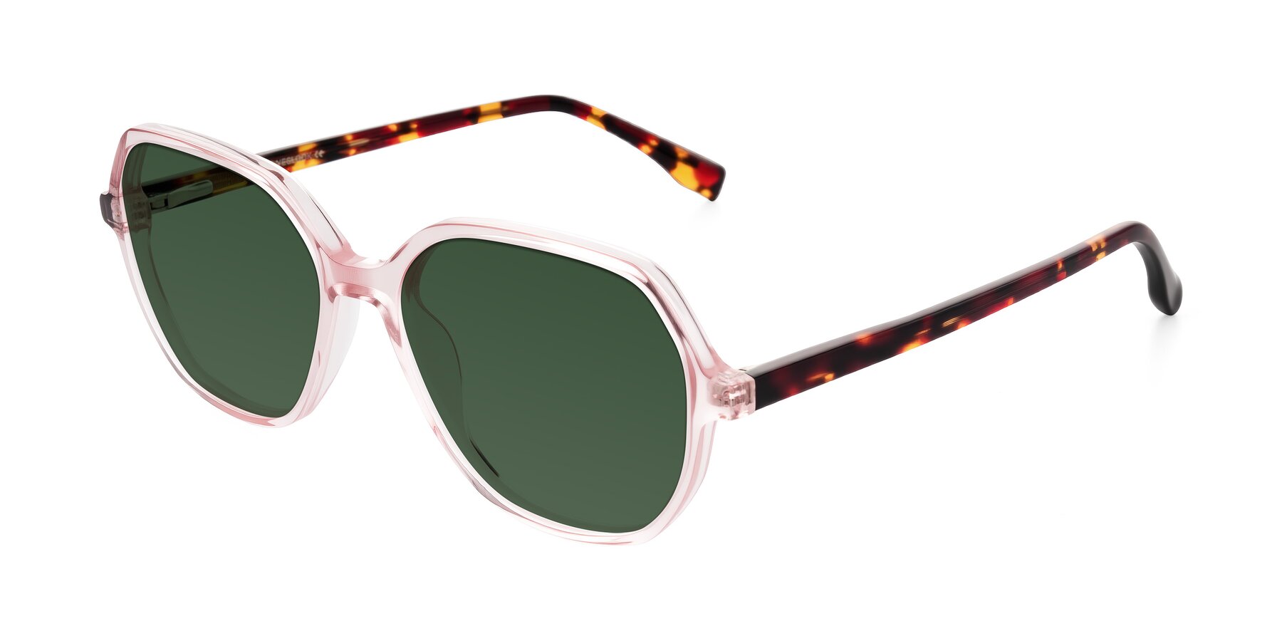 Angle of Avenite in Pink/Tortoise with Green Tinted Lenses