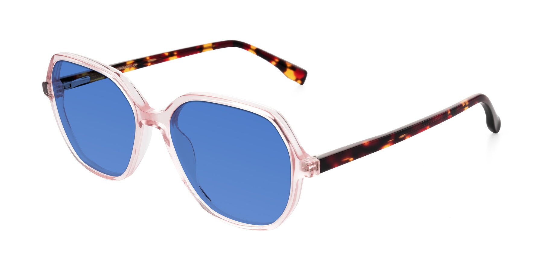 Angle of Avenite in Pink/Tortoise with Blue Tinted Lenses