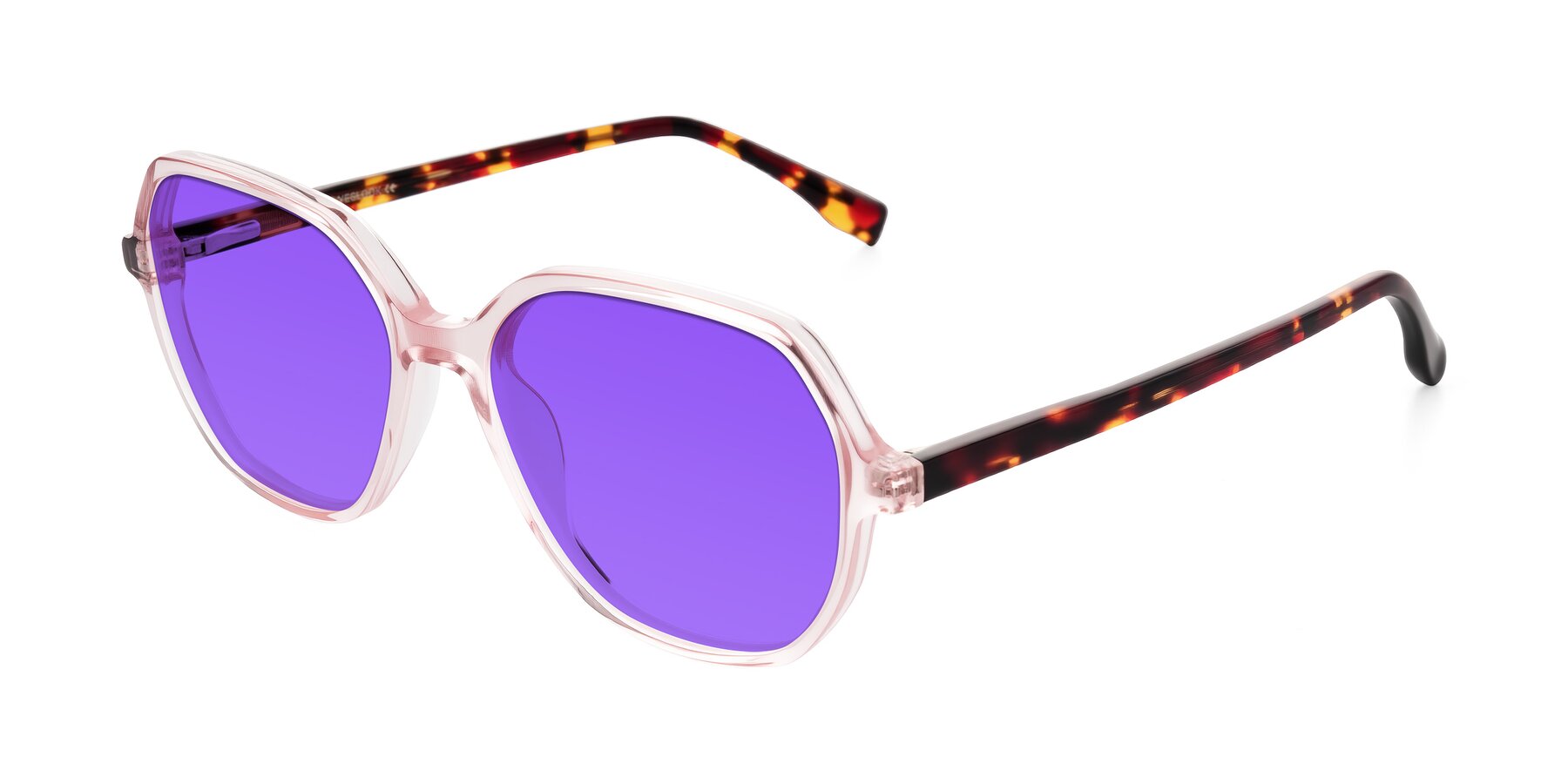 Angle of Avenite in Pink/Tortoise with Purple Tinted Lenses