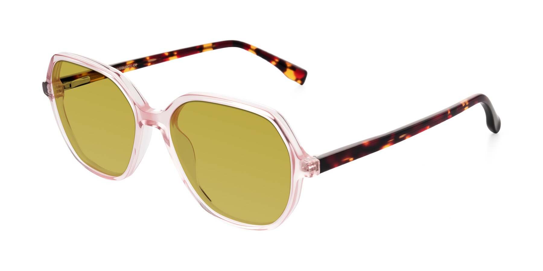 Angle of Avenite in Pink/Tortoise with Champagne Tinted Lenses