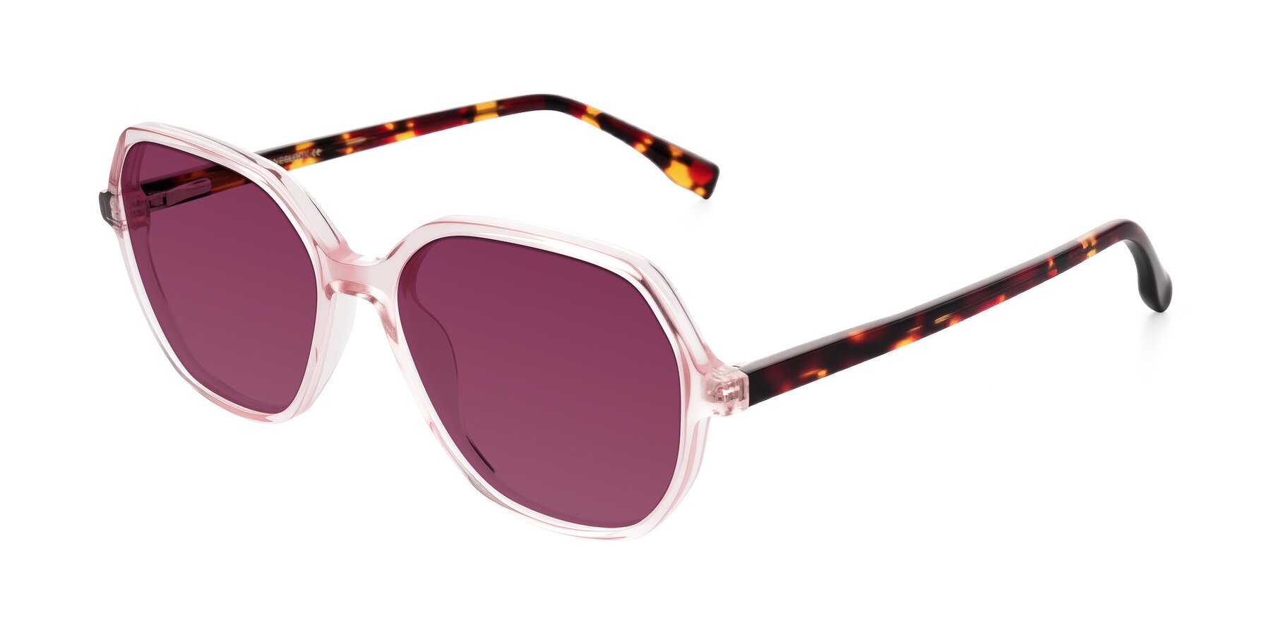 Angle of Avenite in Pink/Tortoise with Wine Tinted Lenses