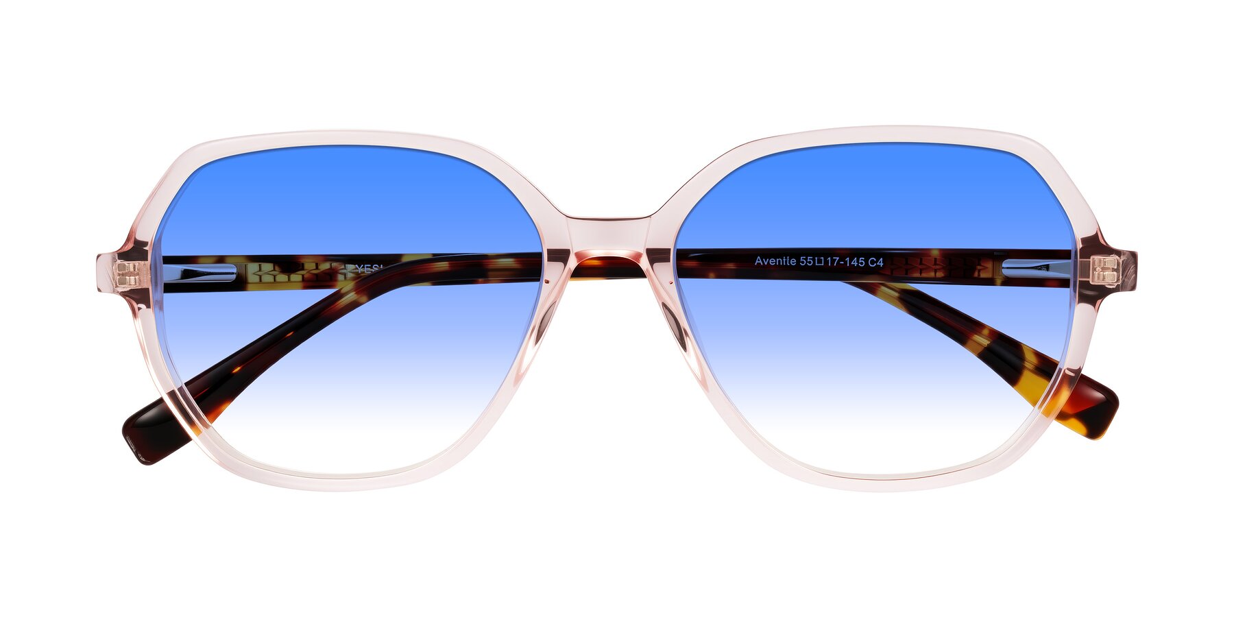 Folded Front of Avenite in Pink/Tortoise with Blue Gradient Lenses