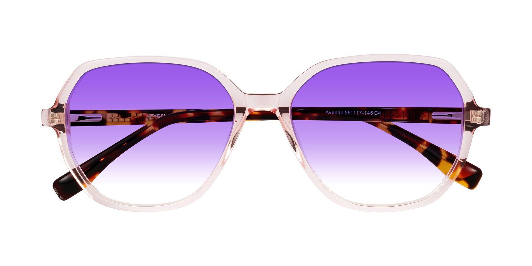 Folded Front of Avenite in Pink/Tortoise with Purple Gradient Lenses