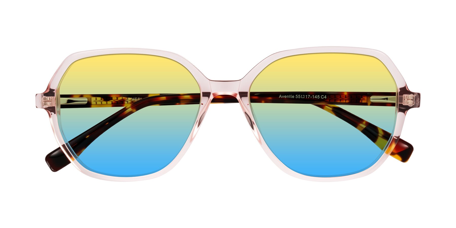 Folded Front of Avenite in Pink/Tortoise with Yellow / Blue Gradient Lenses