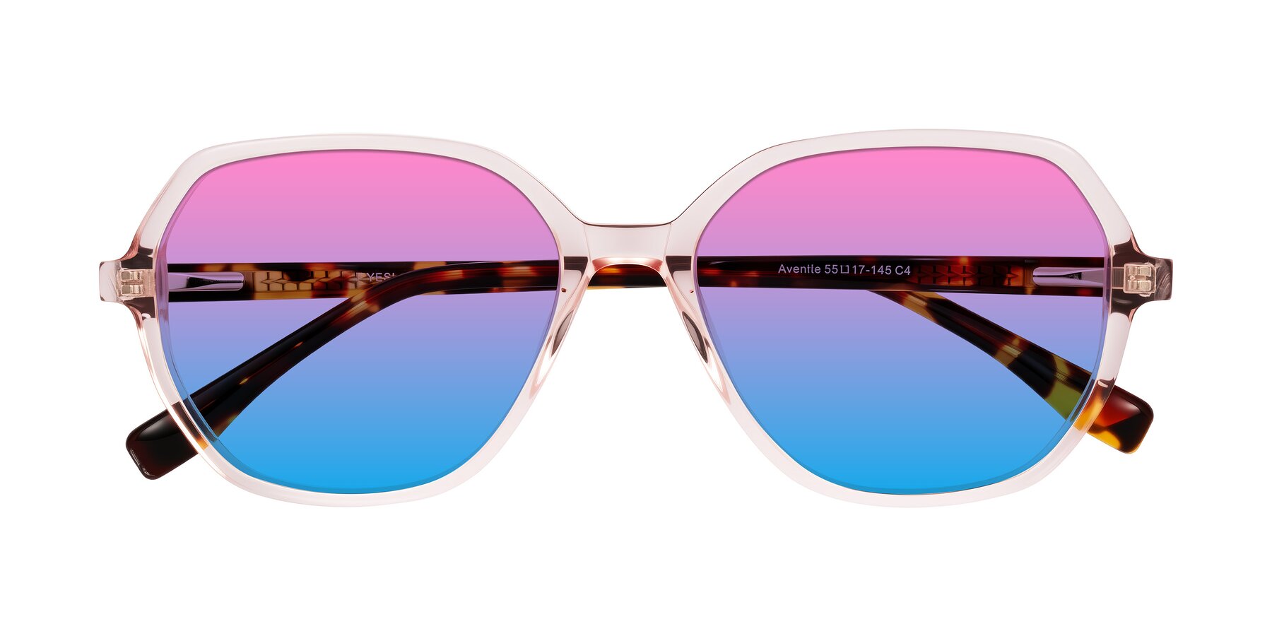 Folded Front of Avenite in Pink/Tortoise with Pink / Blue Gradient Lenses