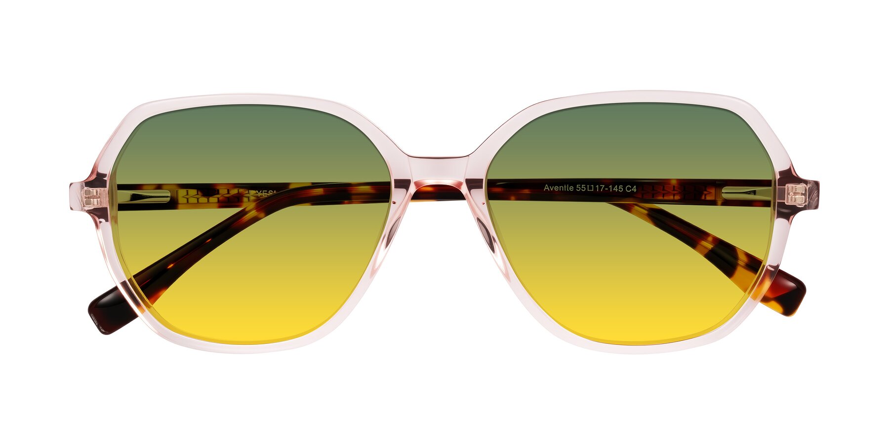 Folded Front of Avenite in Pink/Tortoise with Green / Yellow Gradient Lenses